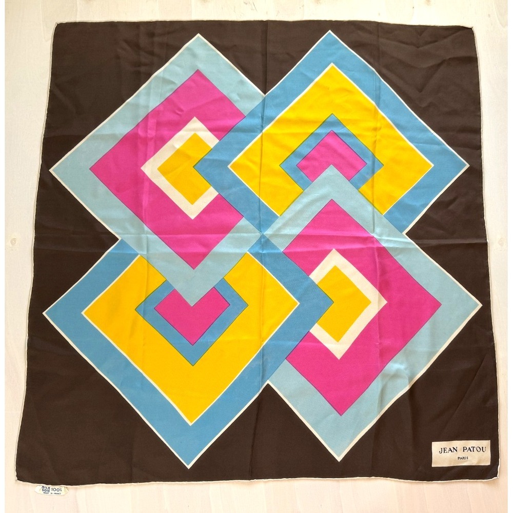Jean Patuo Paris Geometric VTG Scarf 30''x30'' Fall 100% Silk Hand Rolled Edges